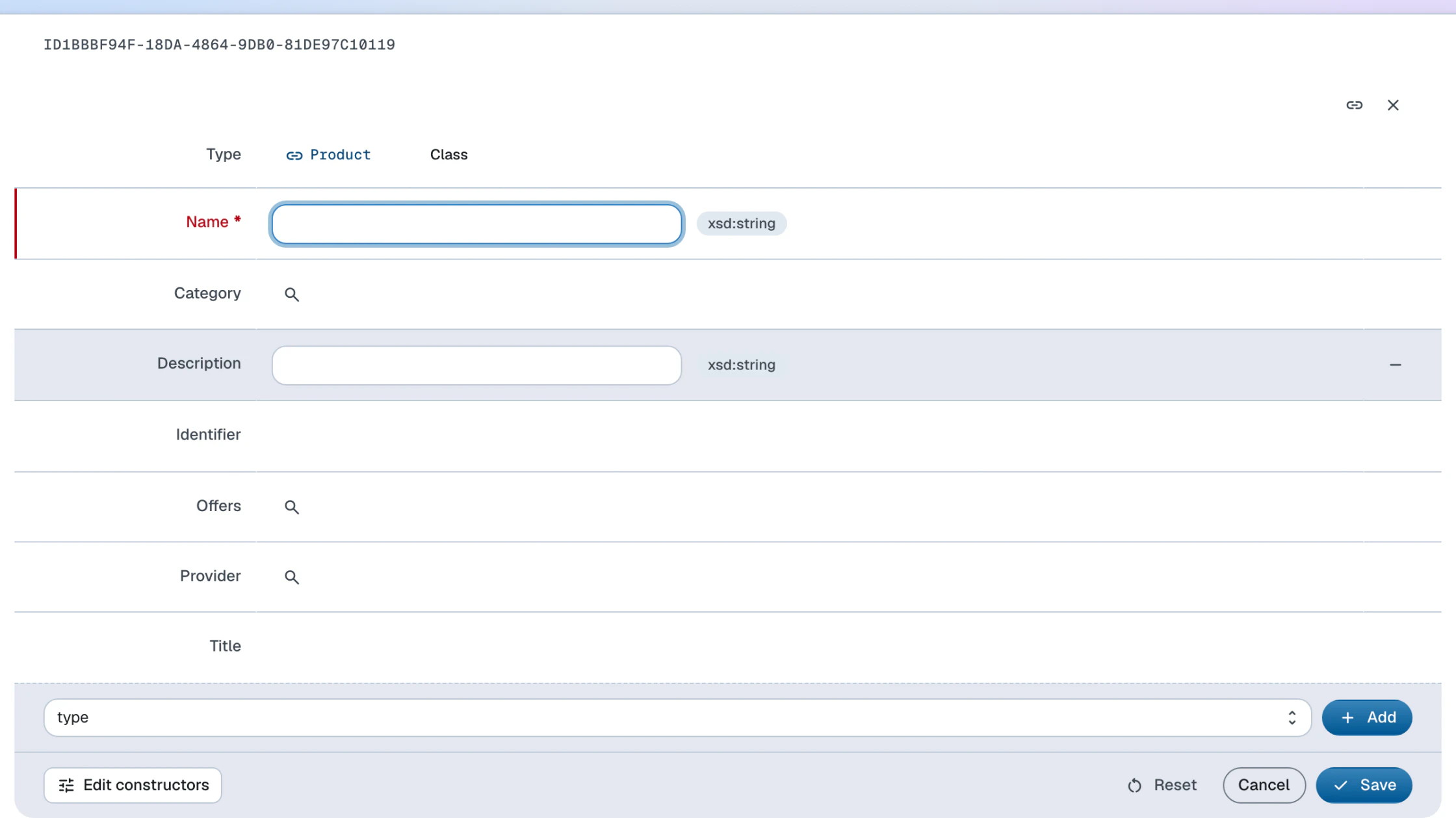 The generated Product create form, with the Missing schema:name violation shown after an empty submit