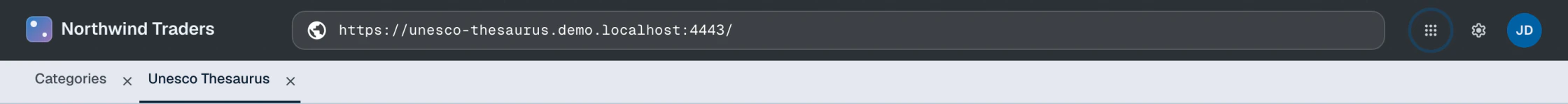 The tab bar with a UNESCO Thesaurus concept open in a second tab next to the Northwind dashboard