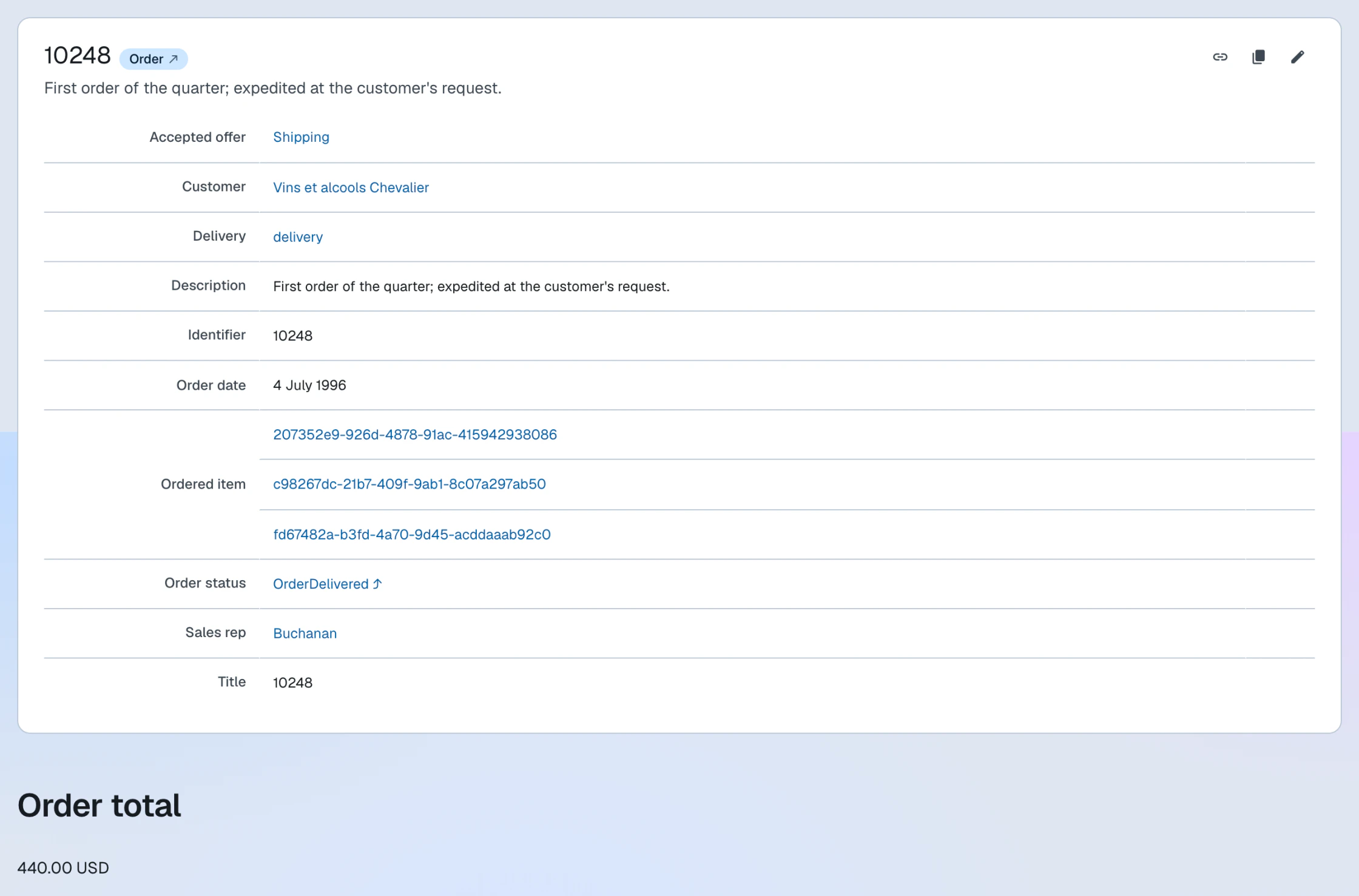 The augmented order page with the Order total heading and sum under the order description