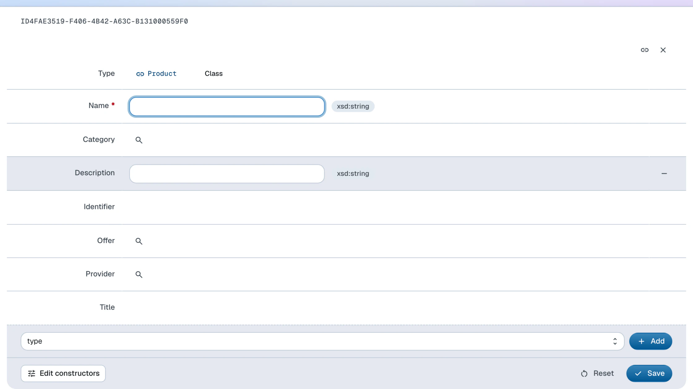 The Product create form generated from the constructor, with category and supplier typeaheads