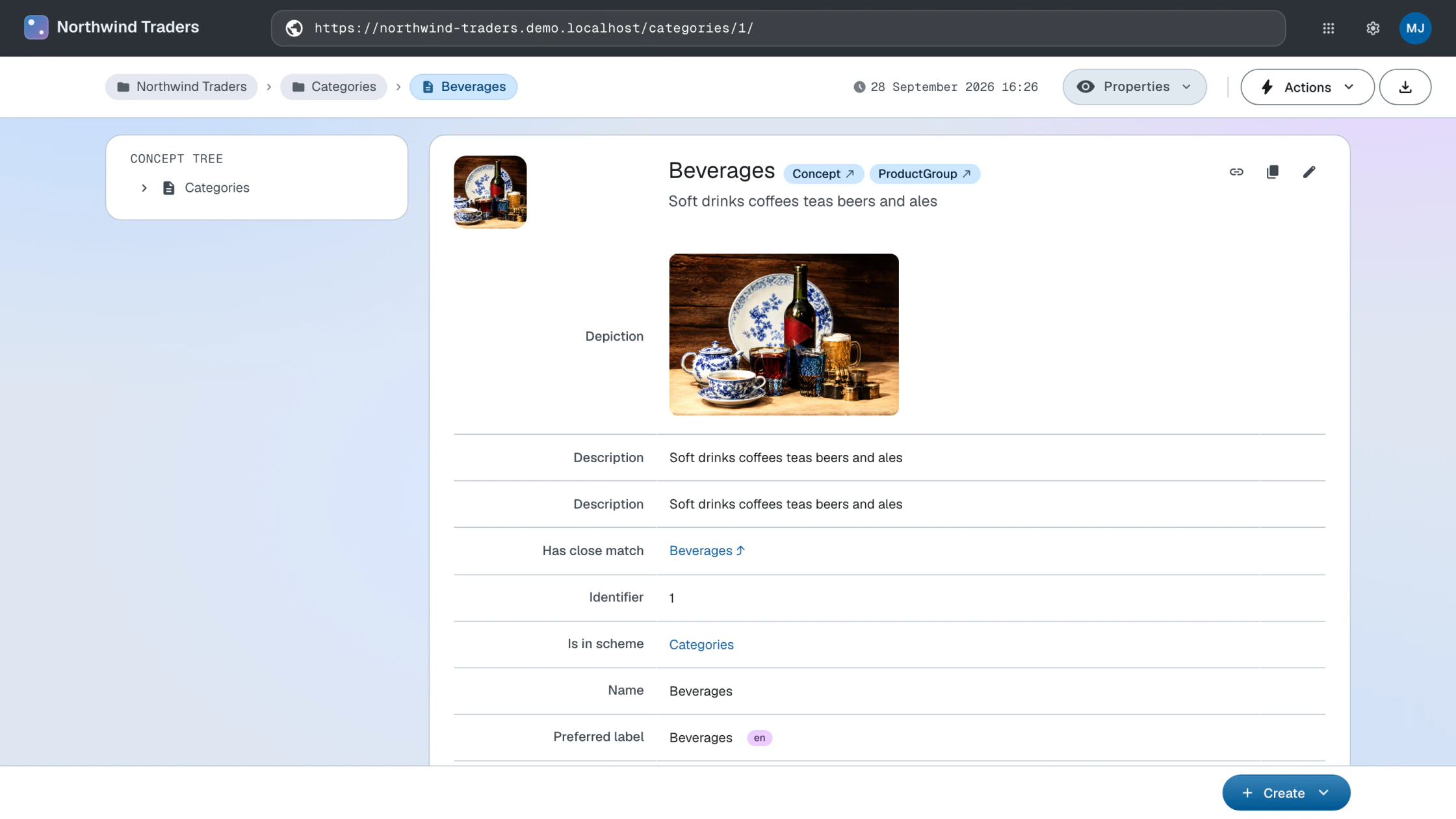 A Northwind category page with the taxonomy editor package installed, concept rendering and UNESCO mappings visible
