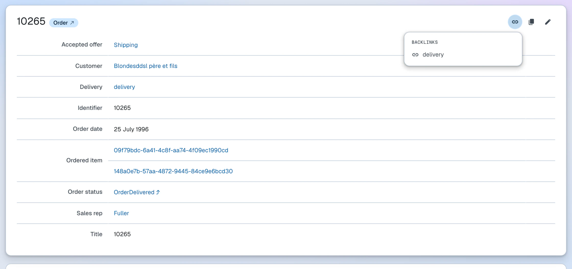 The links popover open on a Northwind order block, backlink rows visible