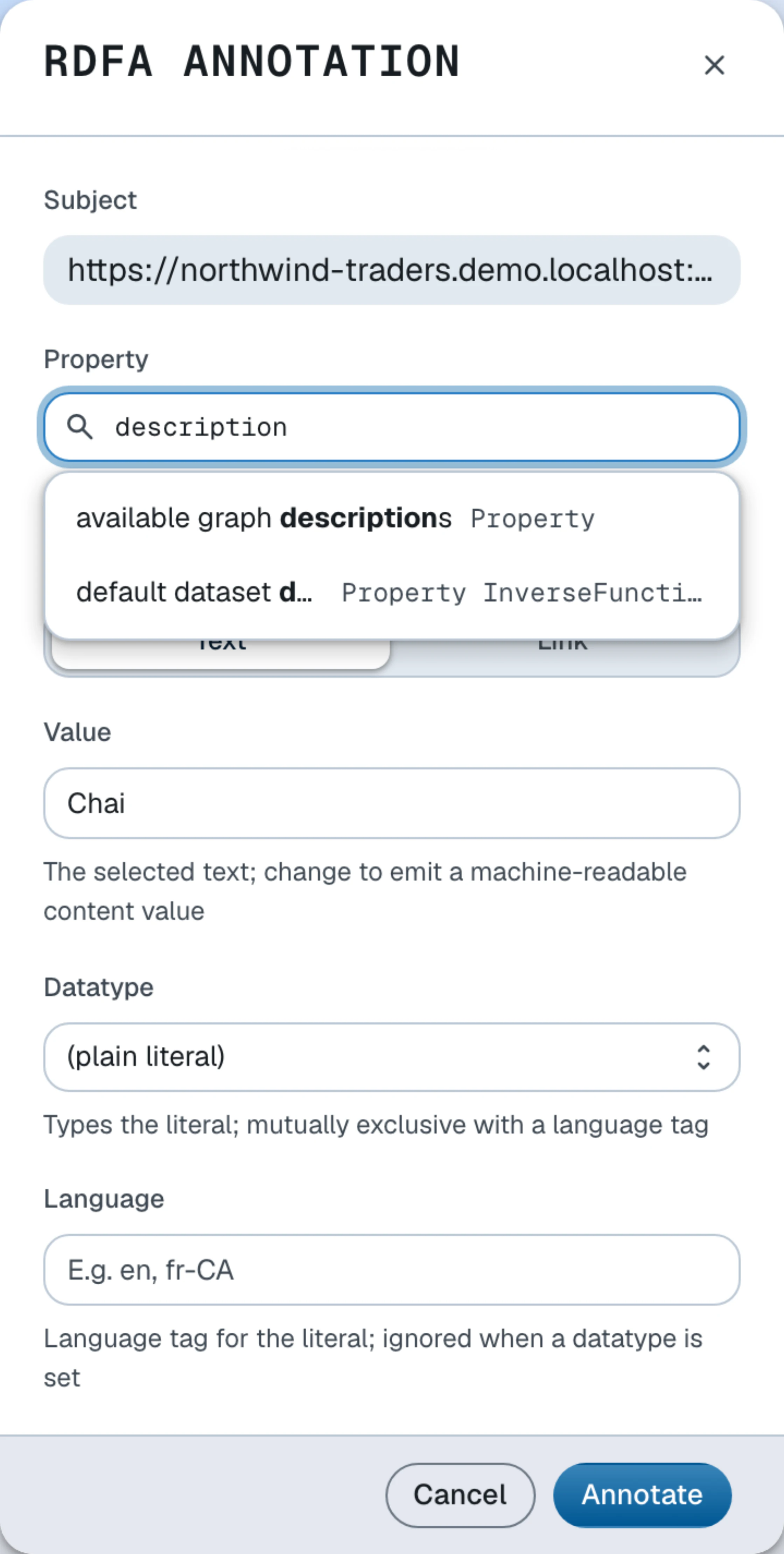 The annotation dialog over the selected word "Chai", Property typeahead open
